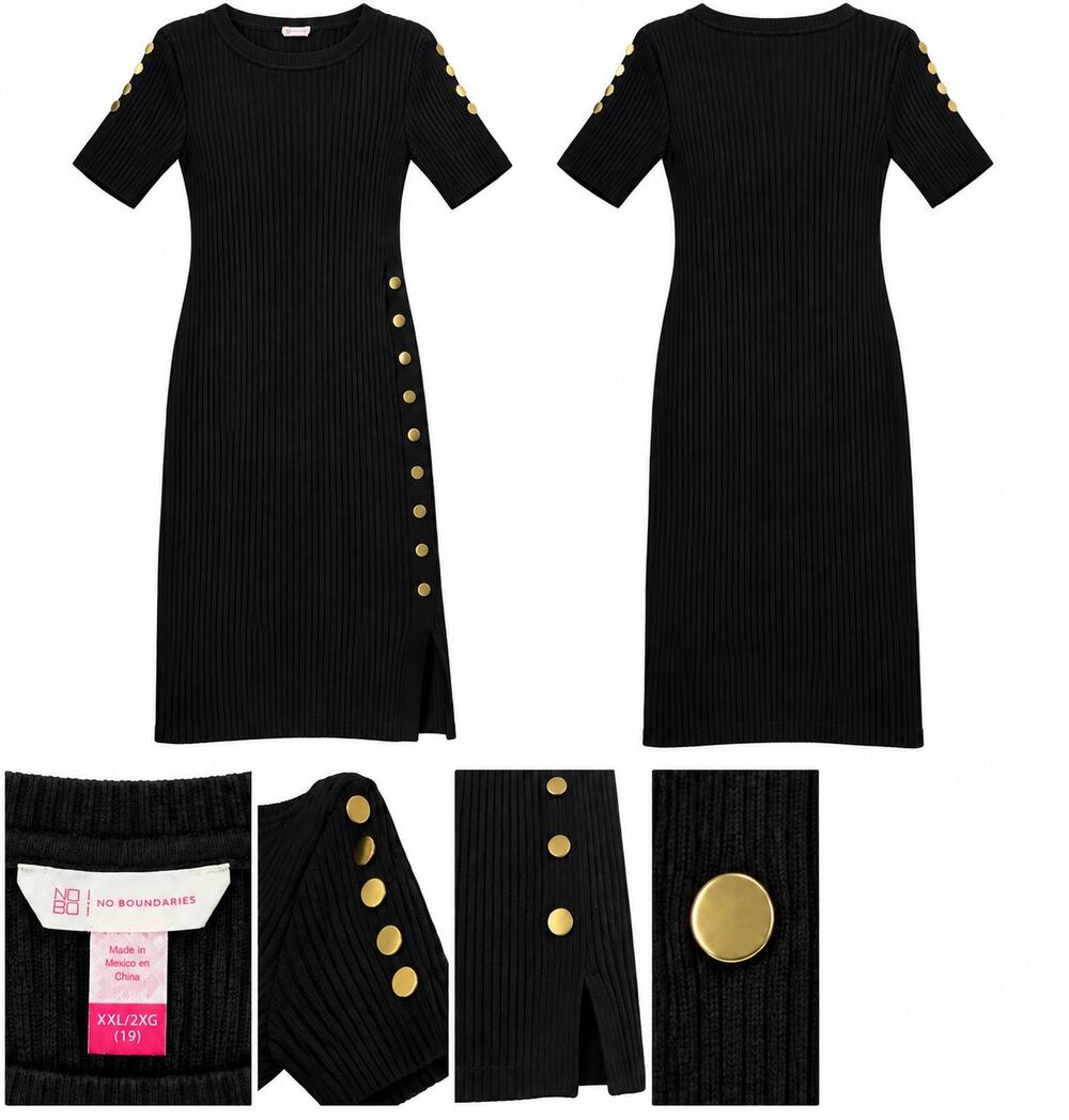 No Boundaries Women’s XXL Black Ribbed Midi Sweater Dress Gold Buttons Slit